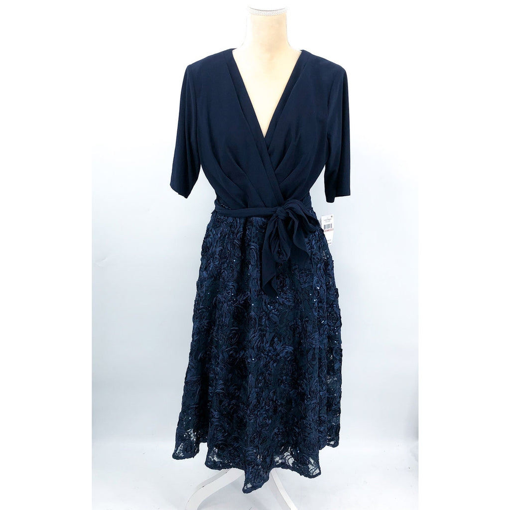 ALEX EVENINGS Womens Tea Length Soutache Dress Size 12 Petite Navy Blue Belt NWT