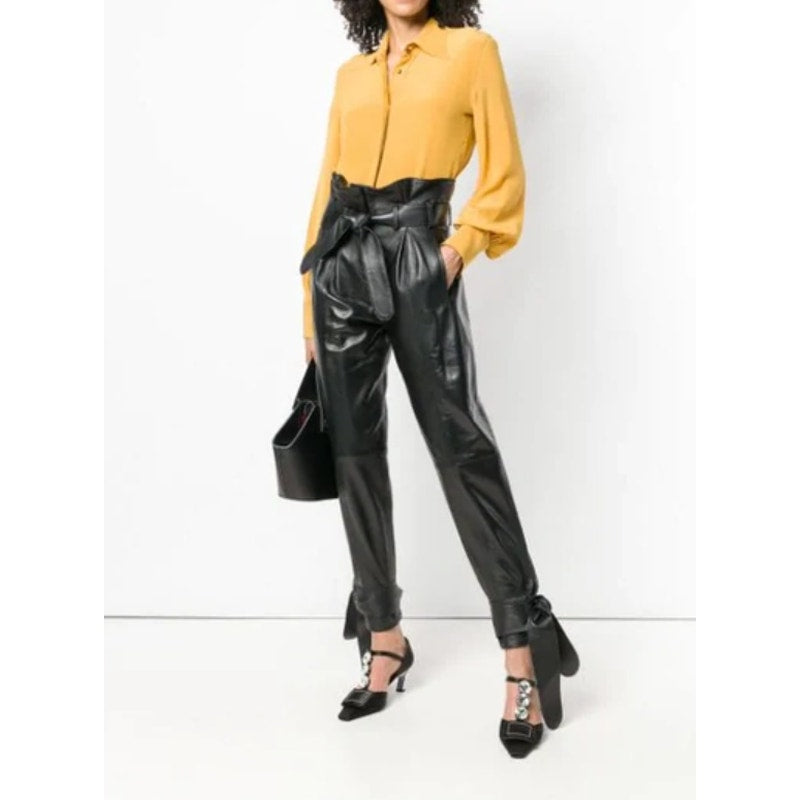 ATTICO Women's Leather Paper Bag Pants IT 40 US Small Black Tie Cuff Belted NWT