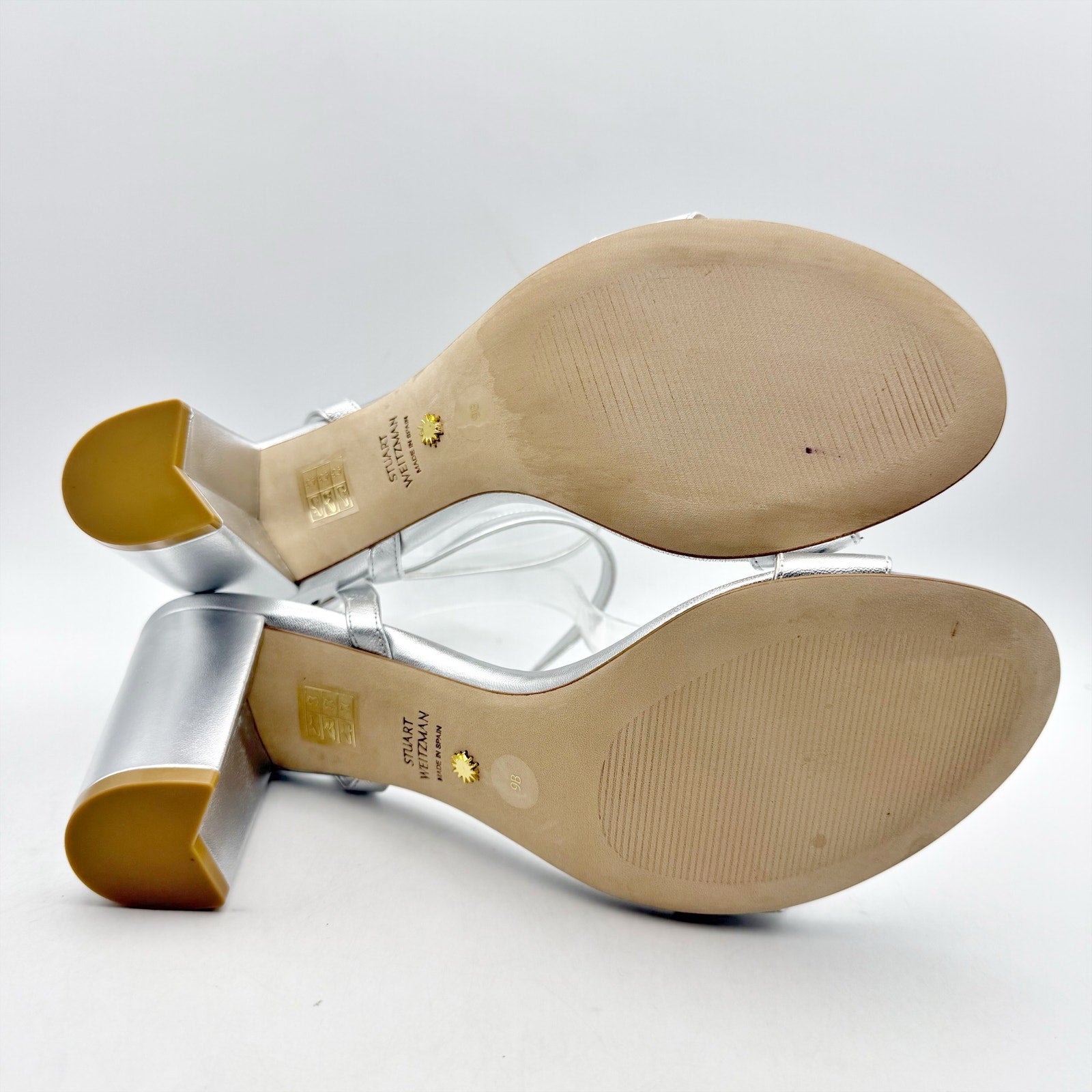 Stuart Weitzman Women Nearlybare Portia Heeled Sandal US 9 B Silver Leather NWOB
