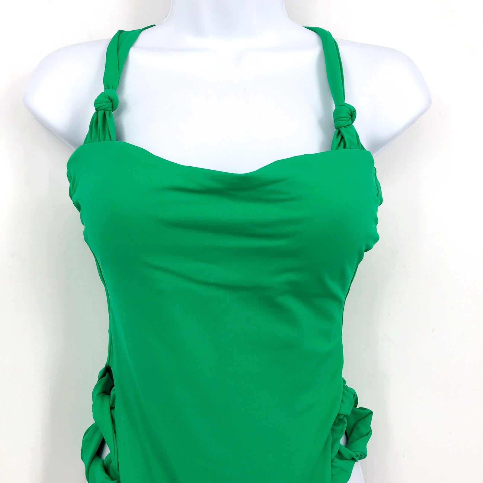 BECCA Baja Mar One Piece Swimsuit Large Green Verde Bow Side Open Back NWT