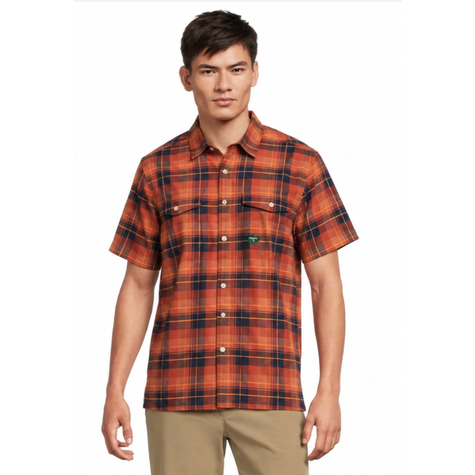 L.L.BEAN Mens SunSmart Cool Weave Short Sleeve Shirt Orange Blue Plaid NWT