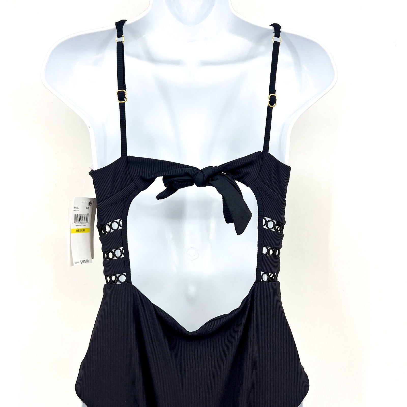 BECCA Women's Toni Plunge One Piece Swimsuit Medium Black Modern Edge Rib NWT