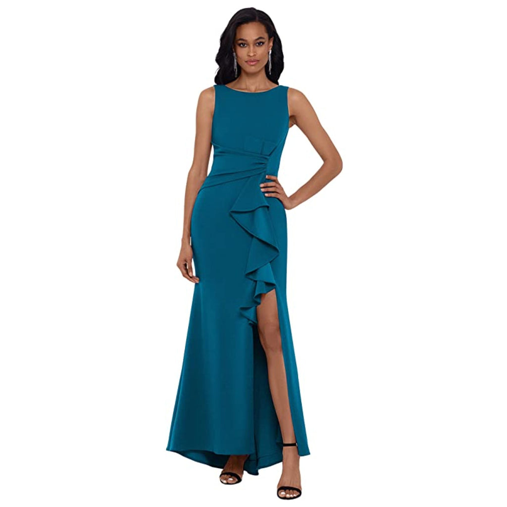 BETSY & ADAM Women's Christine Scuba Crepe Gown Size 4 Azure Blue Ruffle Bow NWT