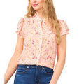 CECE Women's Placket Blouse Medium Pink Floral Double Flutter Short Sleeves NWT