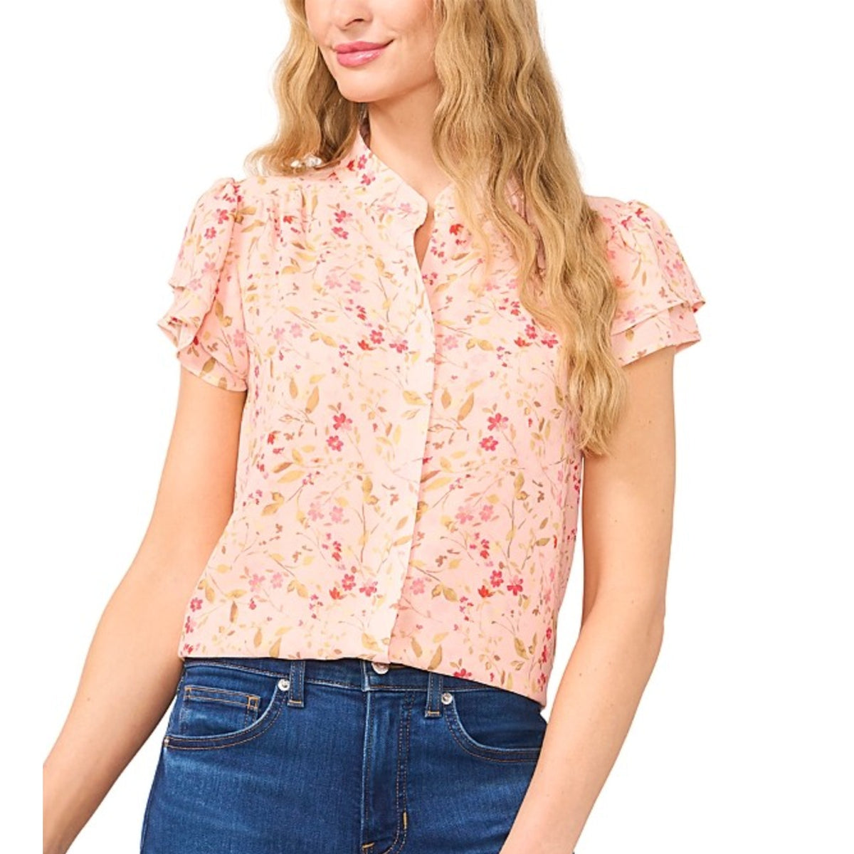 CECE Women's Placket Blouse Medium Pink Floral Double Flutter Short Sleeves NWT