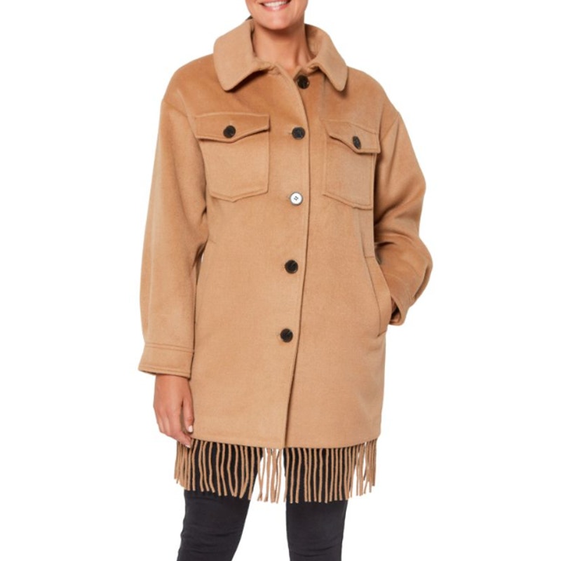 SANCTUARY Womens Fringe Wool Blend Coat Small Tan Camel Wool Blend NWT