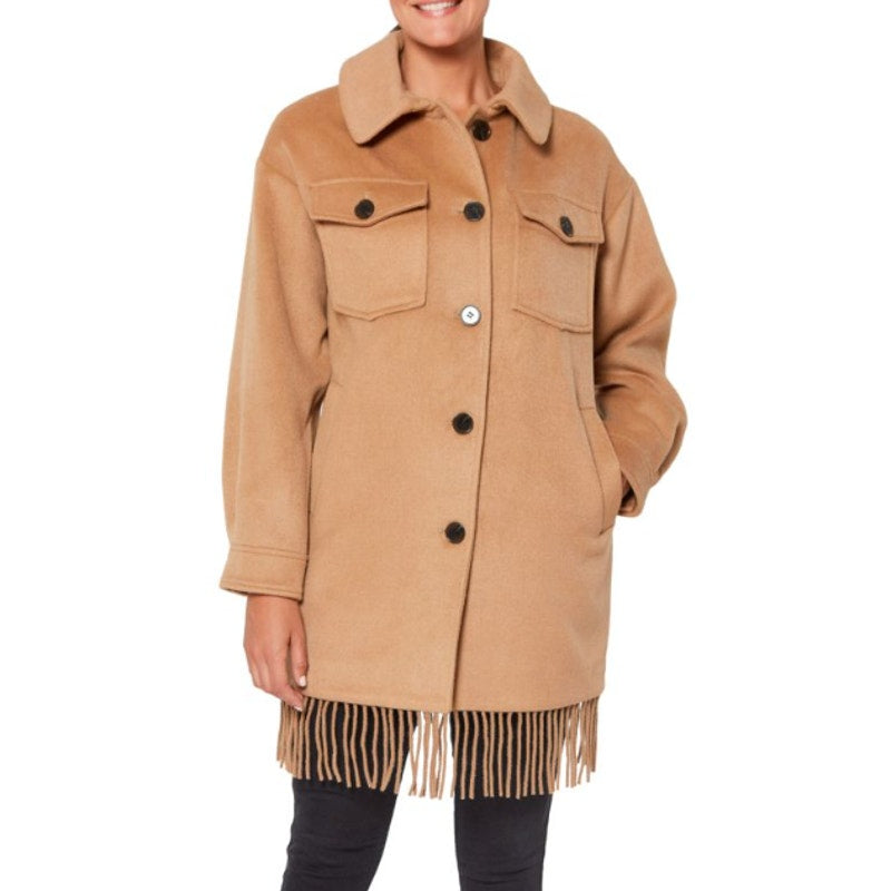SANCTUARY Womens Fringe Wool Blend Coat Small Tan Camel Wool Blend NWT