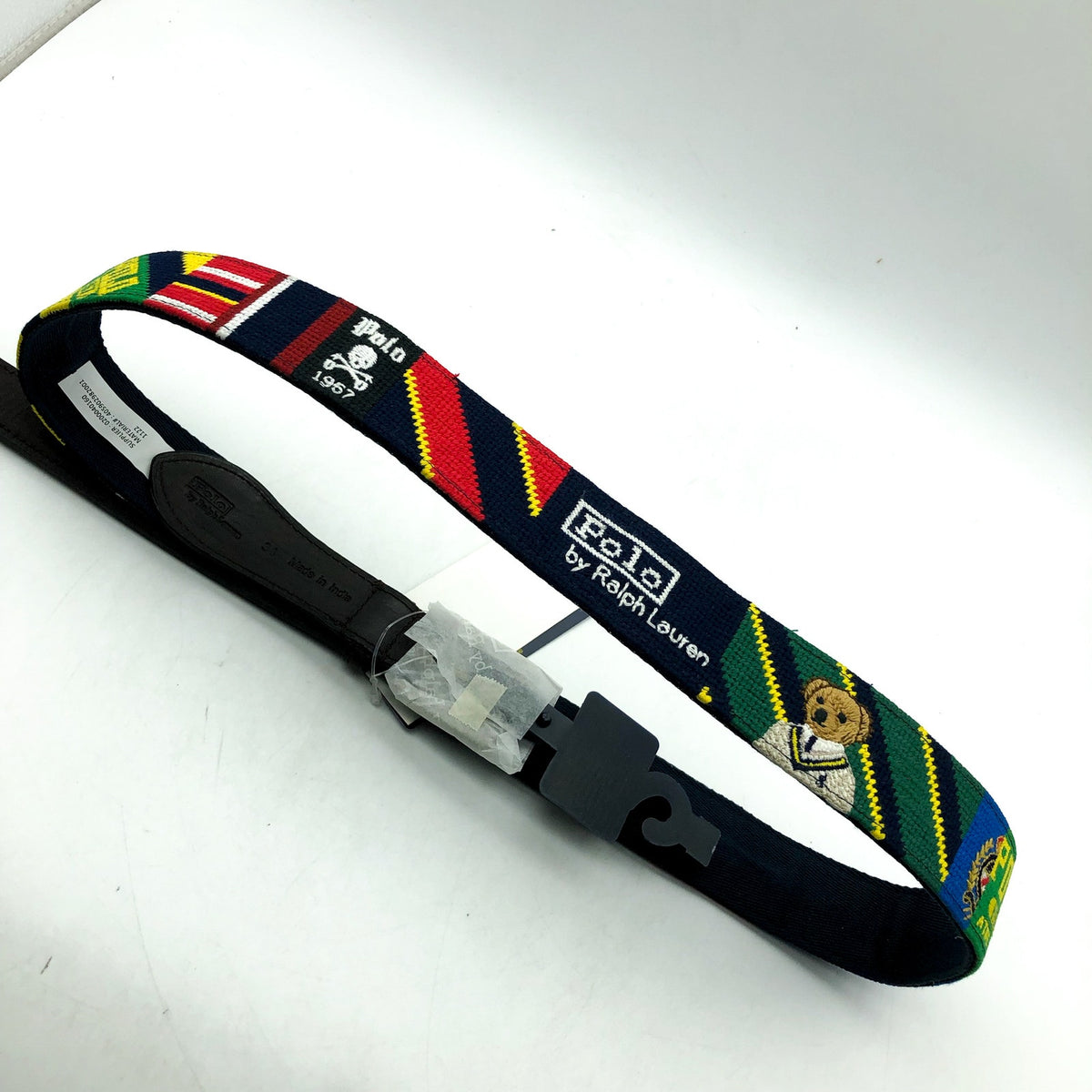 POLO RALPH LAUREN Men's Polo Bear Striped Needlepoint Belt Size 34 Multi NWT