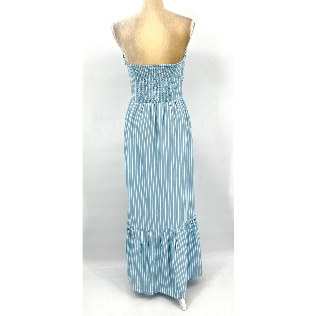 L*SPACE Women's Melody Strapless Maxi Dress Large Blue White Striped NWT