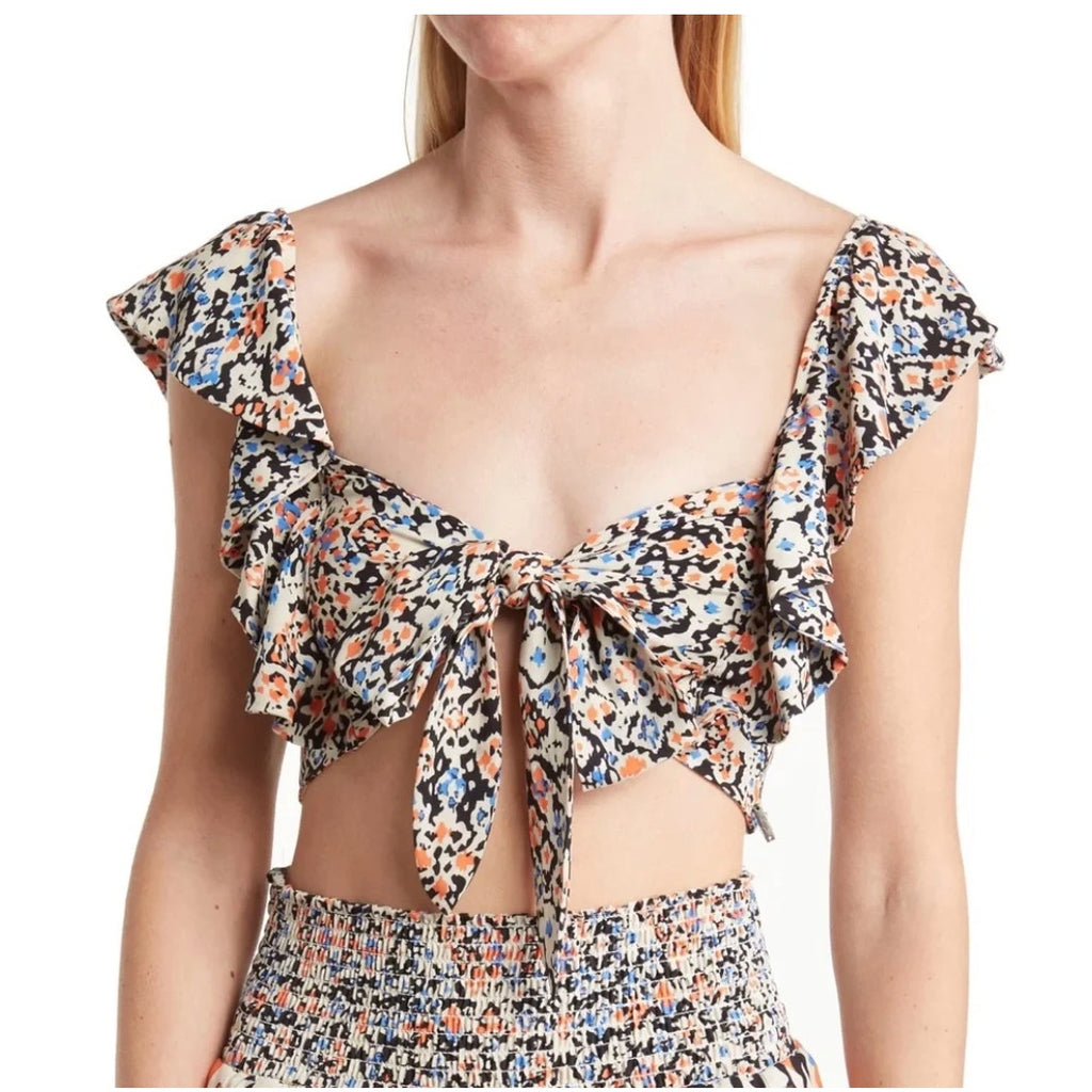 MAAJI Women's Glowy Flutter Sleeve Smocked Crop Top Large Multi NWOT