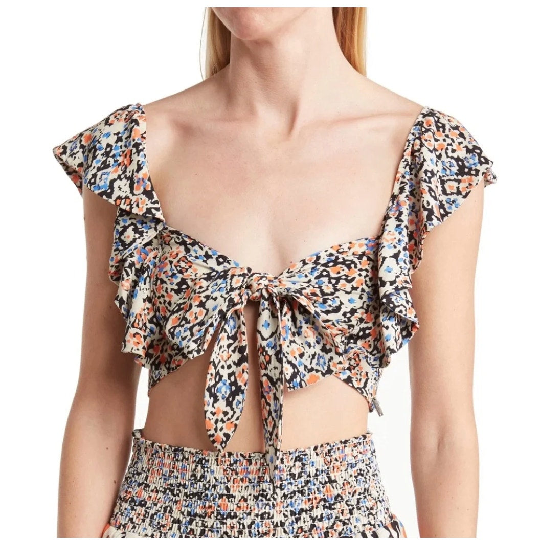 MAAJI Women's Glowy Flutter Sleeve Smocked Crop Top Large Multi NWOT