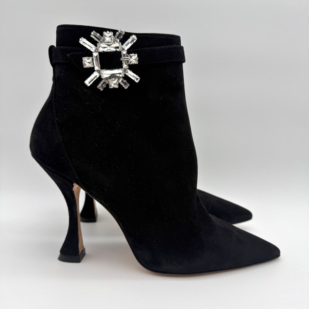Stuart Weitzman Womens Crystal Nova Xcurve 100 Zip Bootie 9.5 Black Suede NWOB