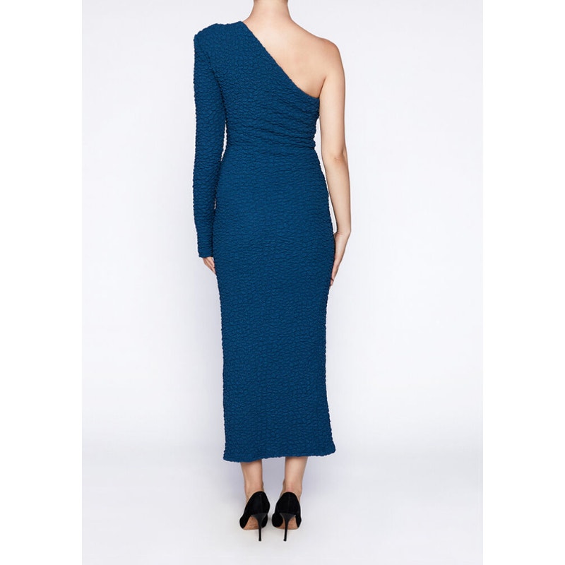 BARDOT Women's Crinkle One Shoulder Long Dress US 4 Teal Blue Long Sleeve NWT