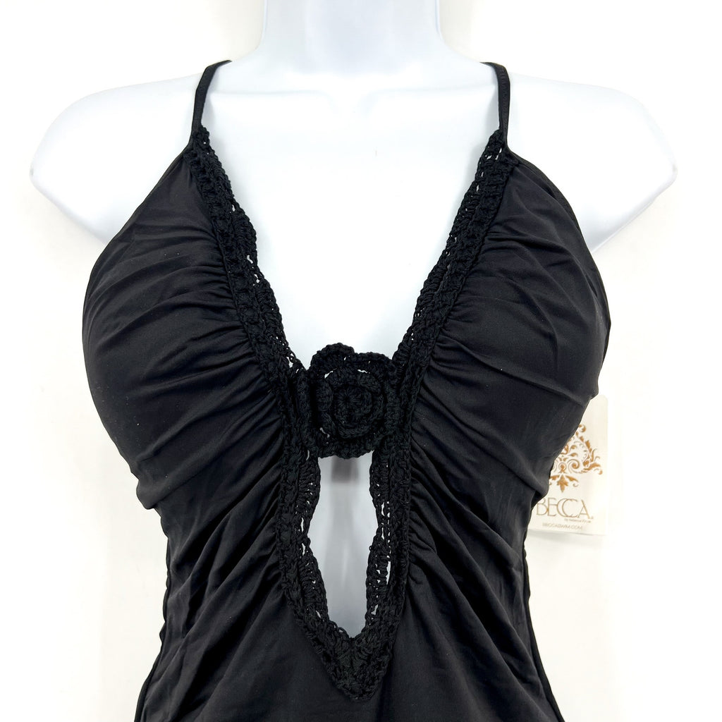 BECCA Colette Clare Plunge One Piece Swimsuit Medium Black Crochet Flower NWT
