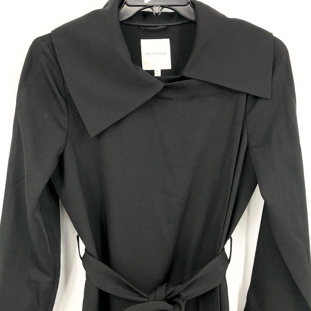 AVEC LES FILLES Womens Drape-Front Trench Coat Medium Black Belted Stretch NWT