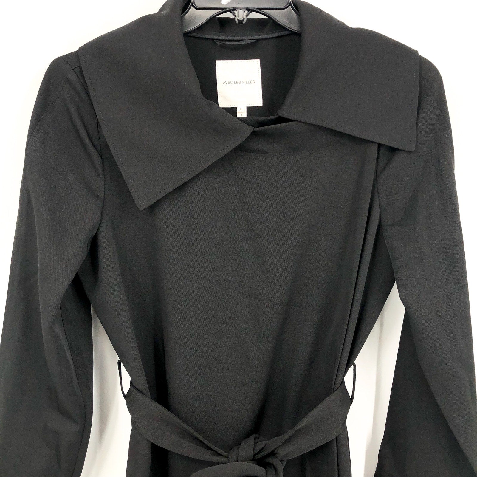 AVEC LES FILLES Womens Drape-Front Trench Coat Medium Black Belted Stretch NWT
