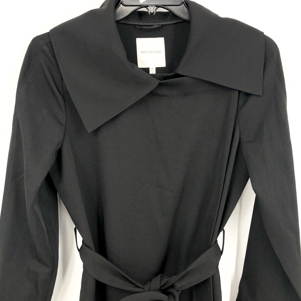 AVEC LES FILLES Womens Drape-Front Trench Coat Medium Black Belted Stretch NWT