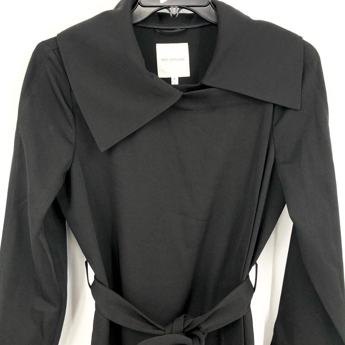 AVEC LES FILLES Womens Drape-Front Trench Coat Medium Black Belted Stretch NWT