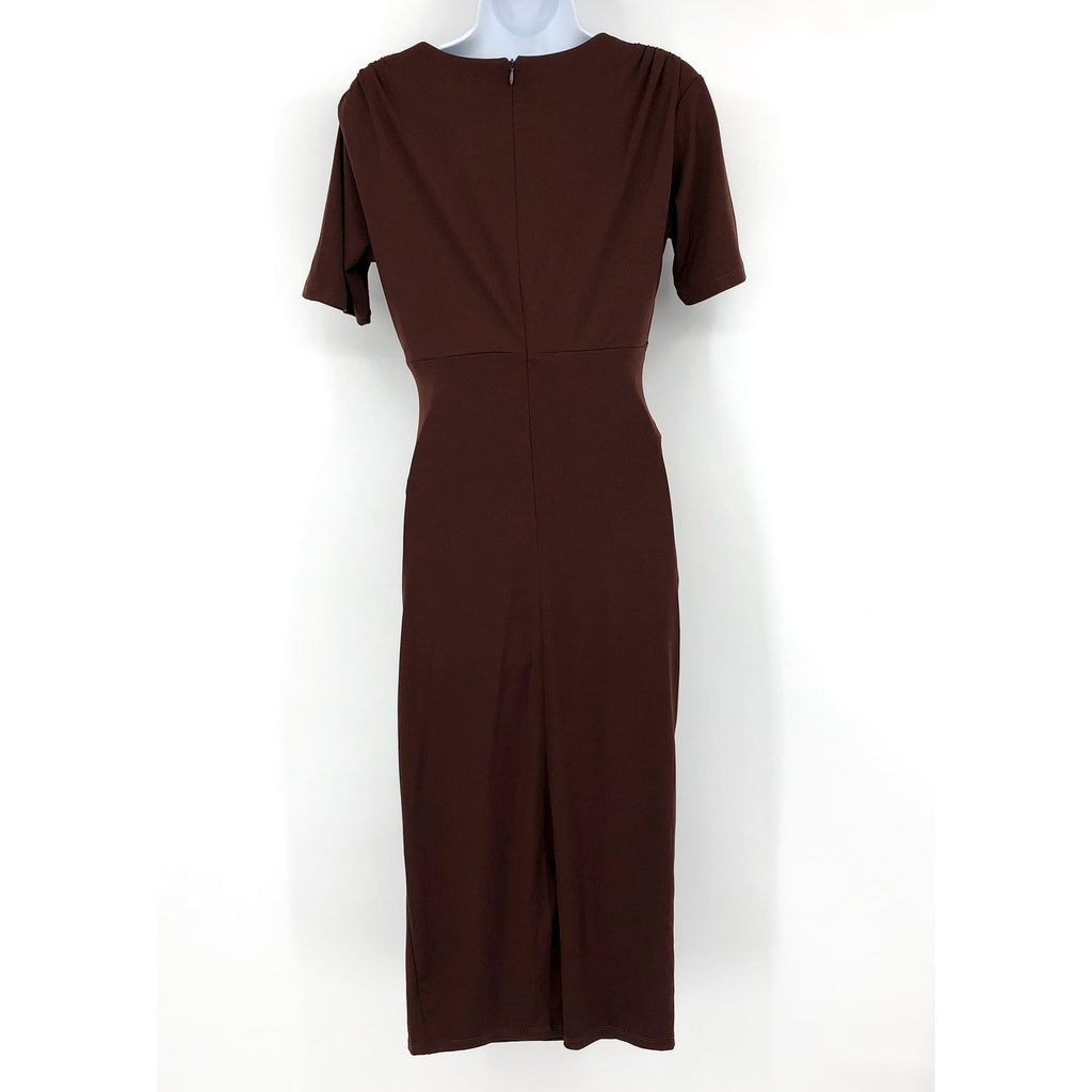 ALEXIA ADMOR Keaton Ruched Sheath Midi Dress Small Brown Short Sleeve NWT