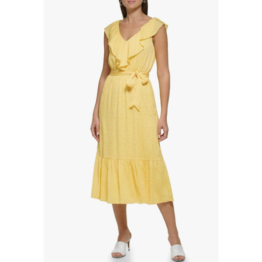 DKNY Womens Ruffle V-Neck Dress Size 16 Yellow Lemonade Tie Waist NWT