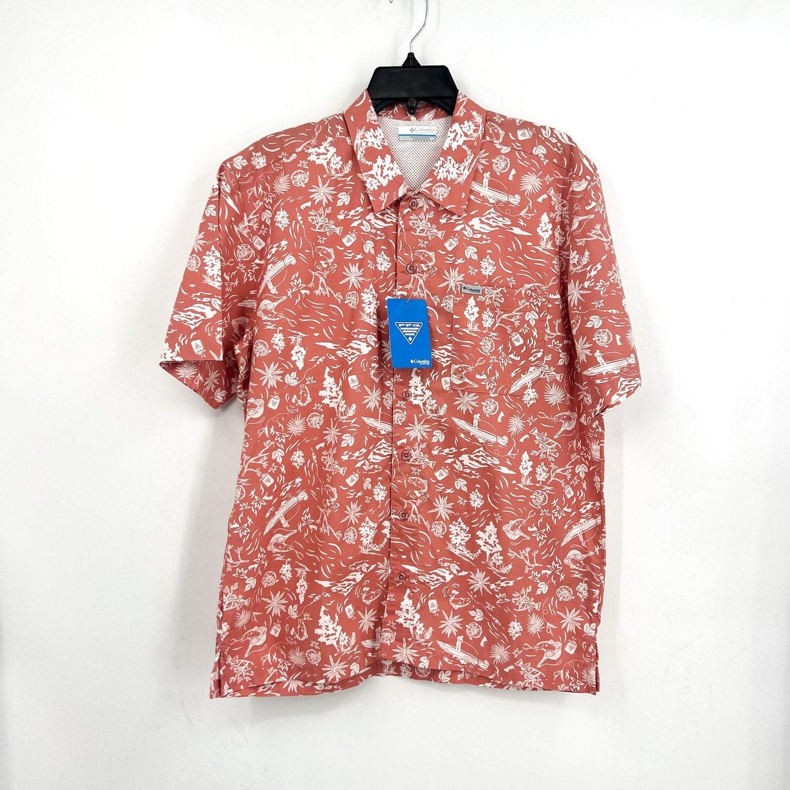 COLUMBIA Mens PFG Trollers Best Short Sleeve Shirt Small Pale Pink White NWT