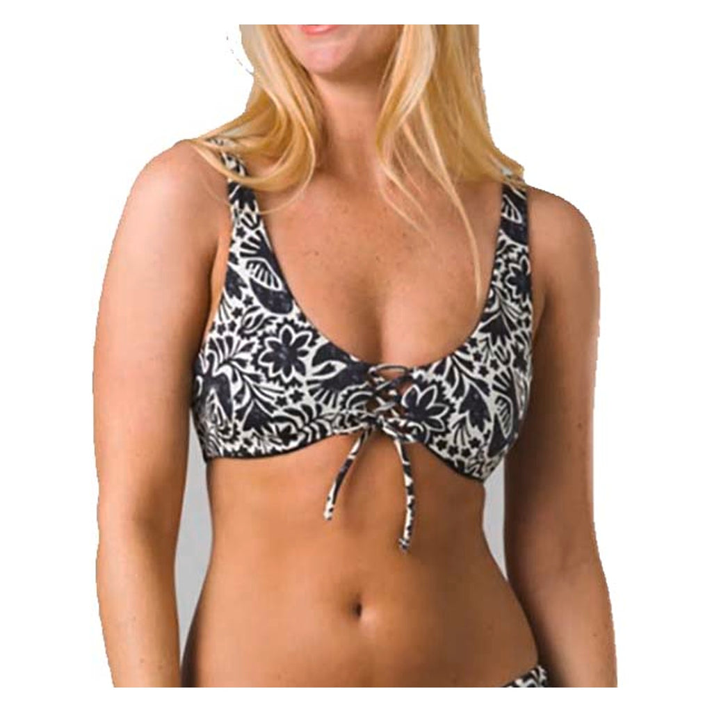 PRANA Women's Ruby Beach Bikini Top Medium Black Flora Fauna Lace Up Swim NWT
