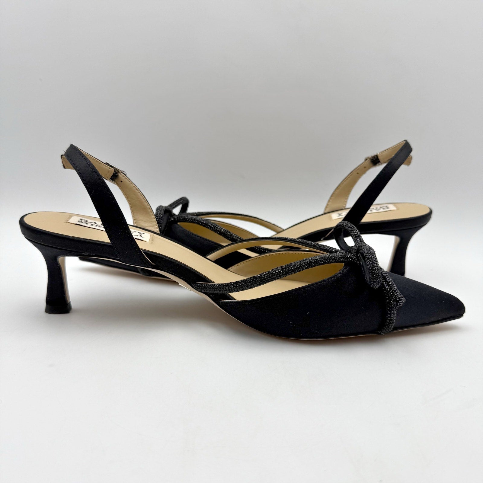 Badgley Mischka Womens Angelina Heels US 7.5 Black Satin Rhinestone Sandals NIB
