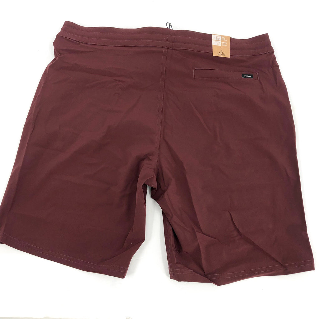PRANA Men's Riveter Board Shorts Size 35 Dark Red Cacao 9" Inseam Drawstring NWT