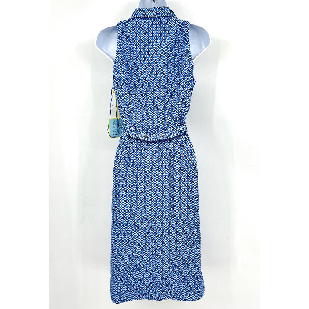 CECE Midi Shirt Dress Size 6 Blue Print Sleeveless V-Neck Belted Waist NWT