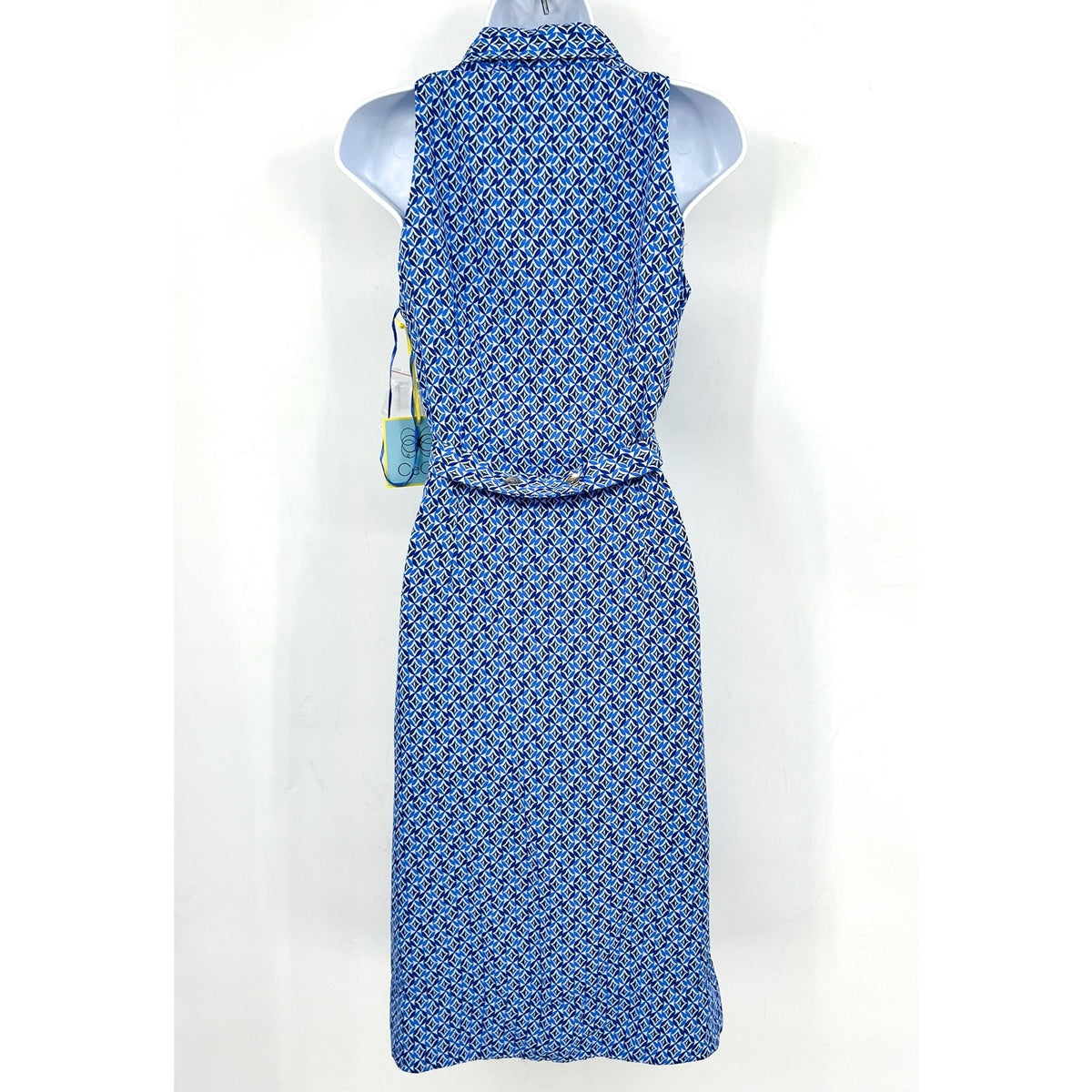 CECE Midi Shirt Dress Size 6 Blue Print Sleeveless V-Neck Belted Waist NWT