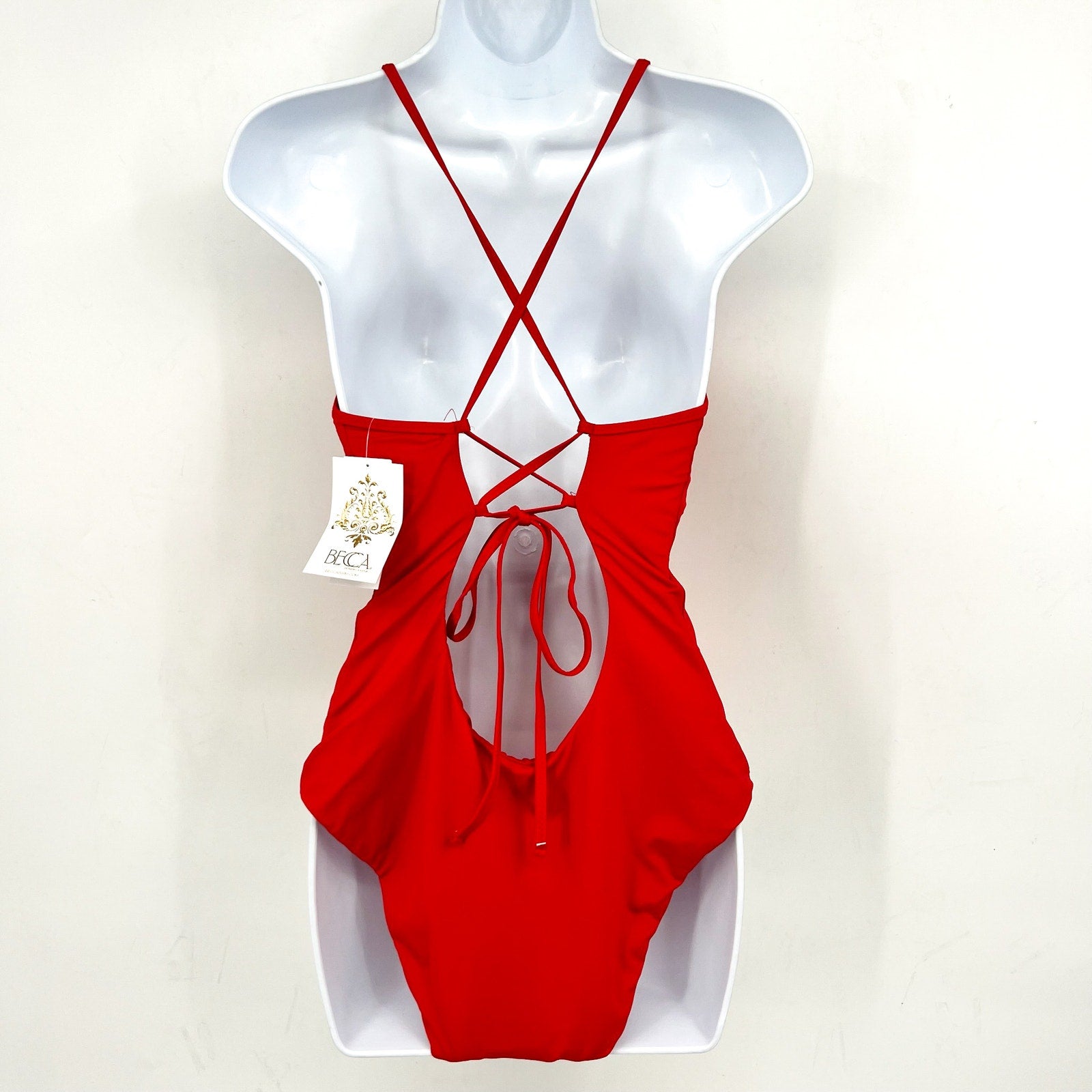 BECCA Fiesta Clare Plunge One Piece Swimsuit Large Fire Red Embroidered NWT