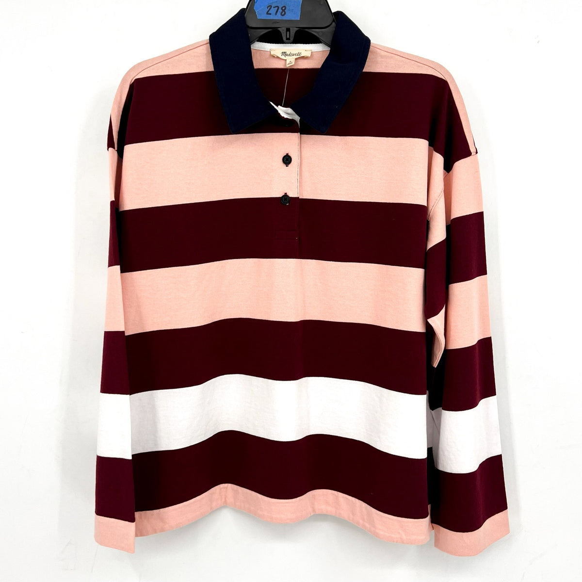 MADEWELL Women's Rugby Long-Sleeve Polo Shirt Medium Stripe Red Pink NT720 NWT