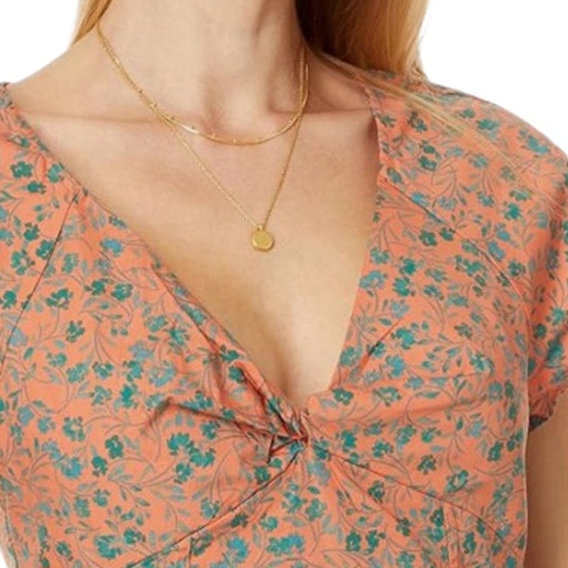 MADEWELL Womens Amari Twist Top Size 00 Orange Floral Short Sleeve NP029 NWT