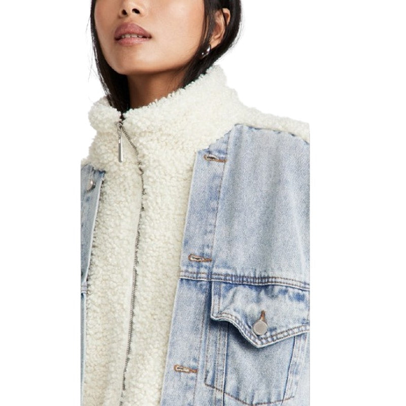 BLANKNYC Womens Denim & Faux Shearling Trucker Jacket XS Cream Blue Bear Hug NWT