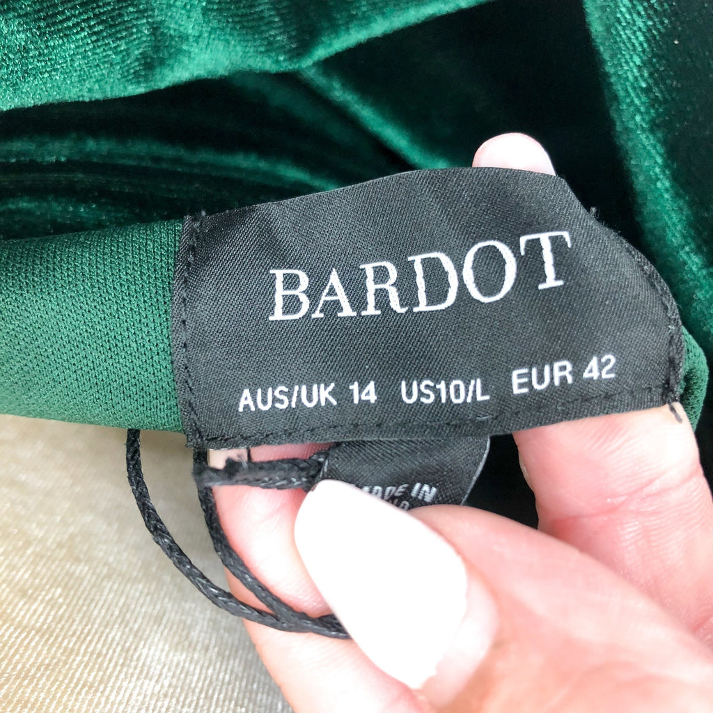 BARDOT Kalani Cowl Back Velvet Midi Dress Size 10 Large Green Long Sleeve NWT