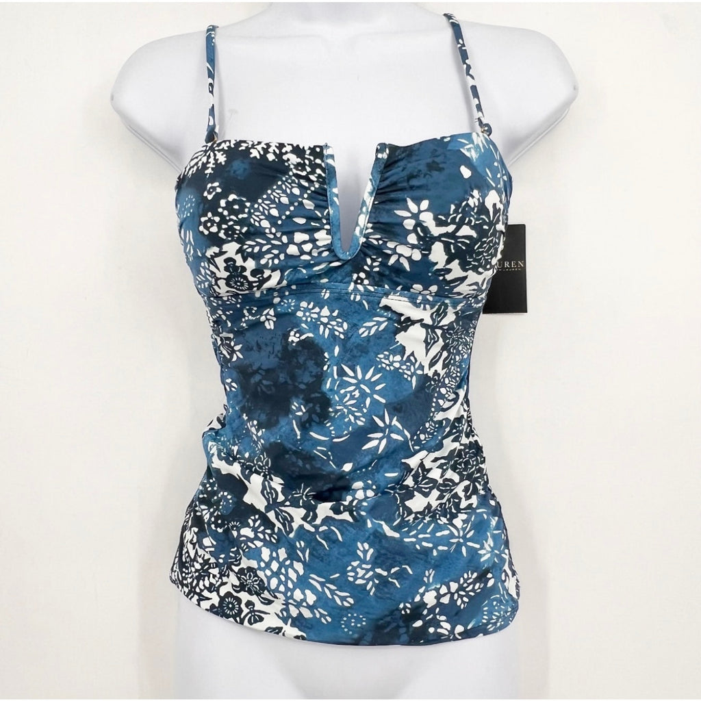 LAUREN RAPLH LAUREN Women's Patchwork Tankini Top Size 8 Blue Indigo NWT
