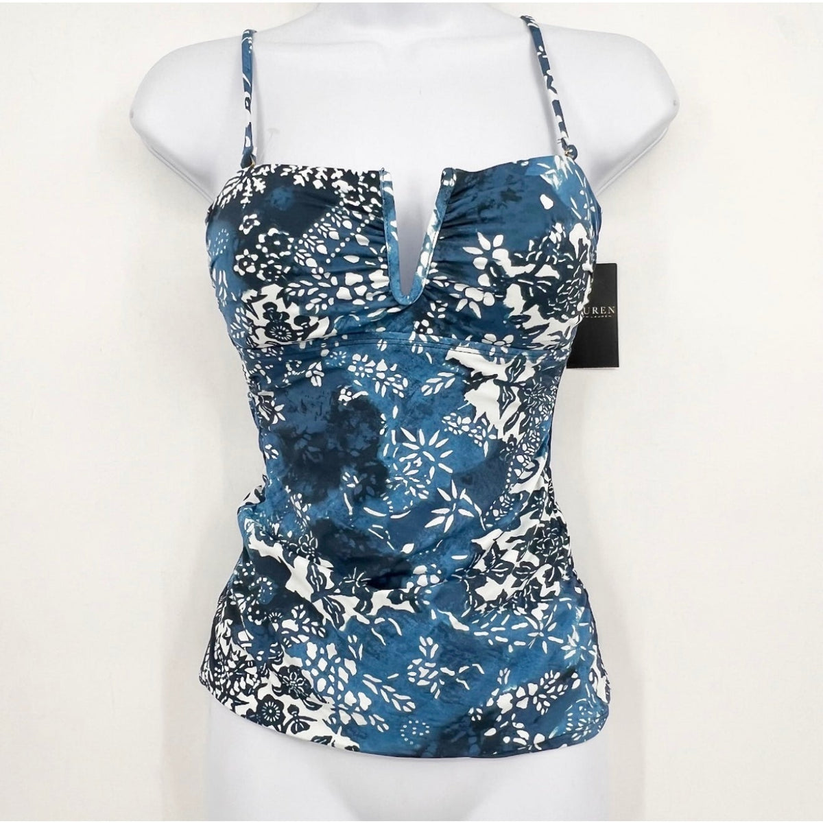 LAUREN RAPLH LAUREN Women's Patchwork Tankini Top Size 8 Blue Indigo NWT