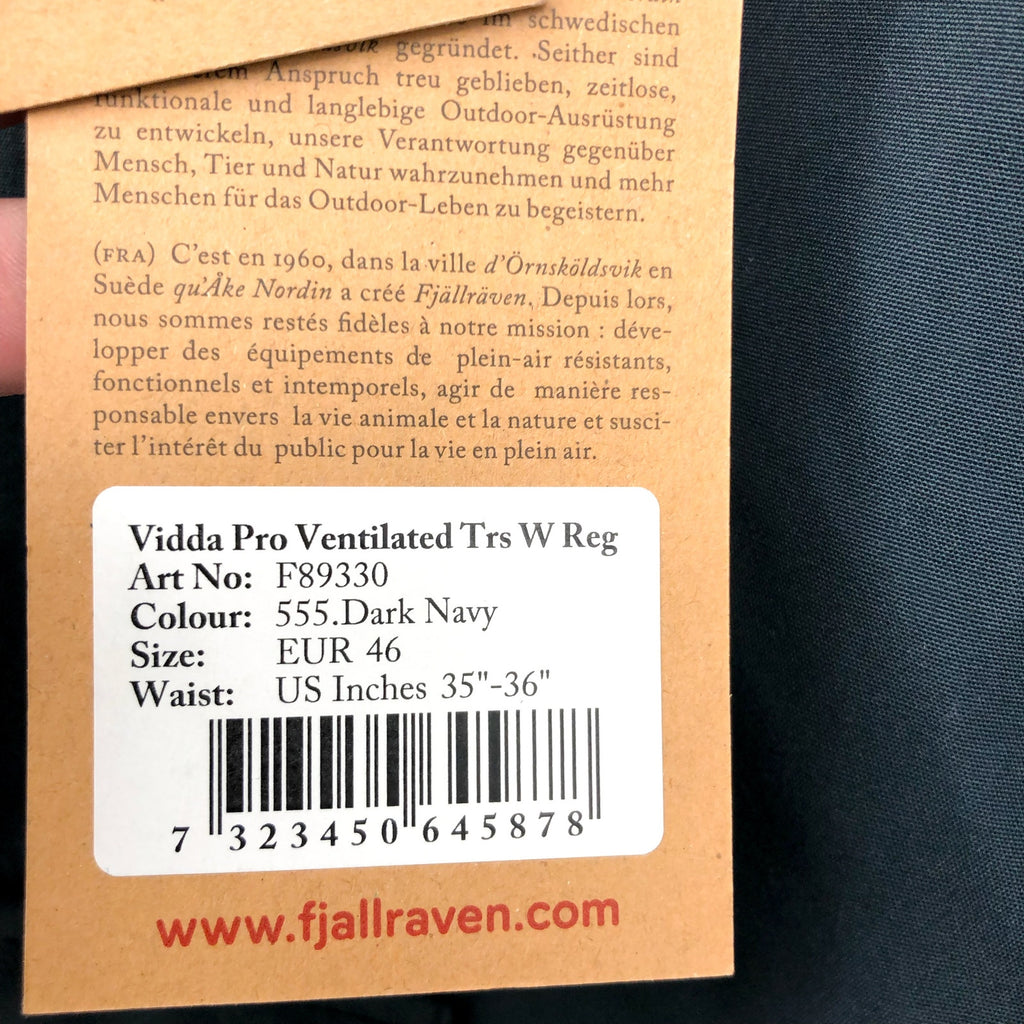 FJALLRAVEN Womens Vidda Pro Ventilated Pants US 14 EU 46 Navy Blue Trouser NWT