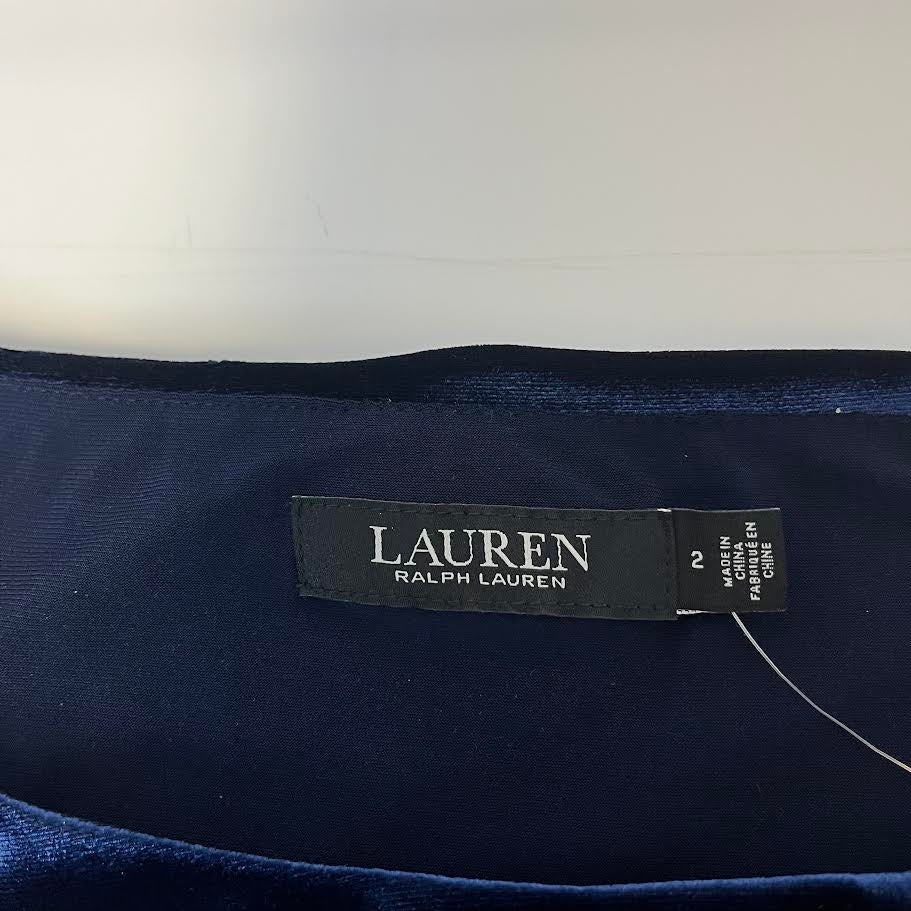LAUREN RALPH LAUREN Velvet Cocktail Dress Size 2 Navy Blue Ruched Waist NWT