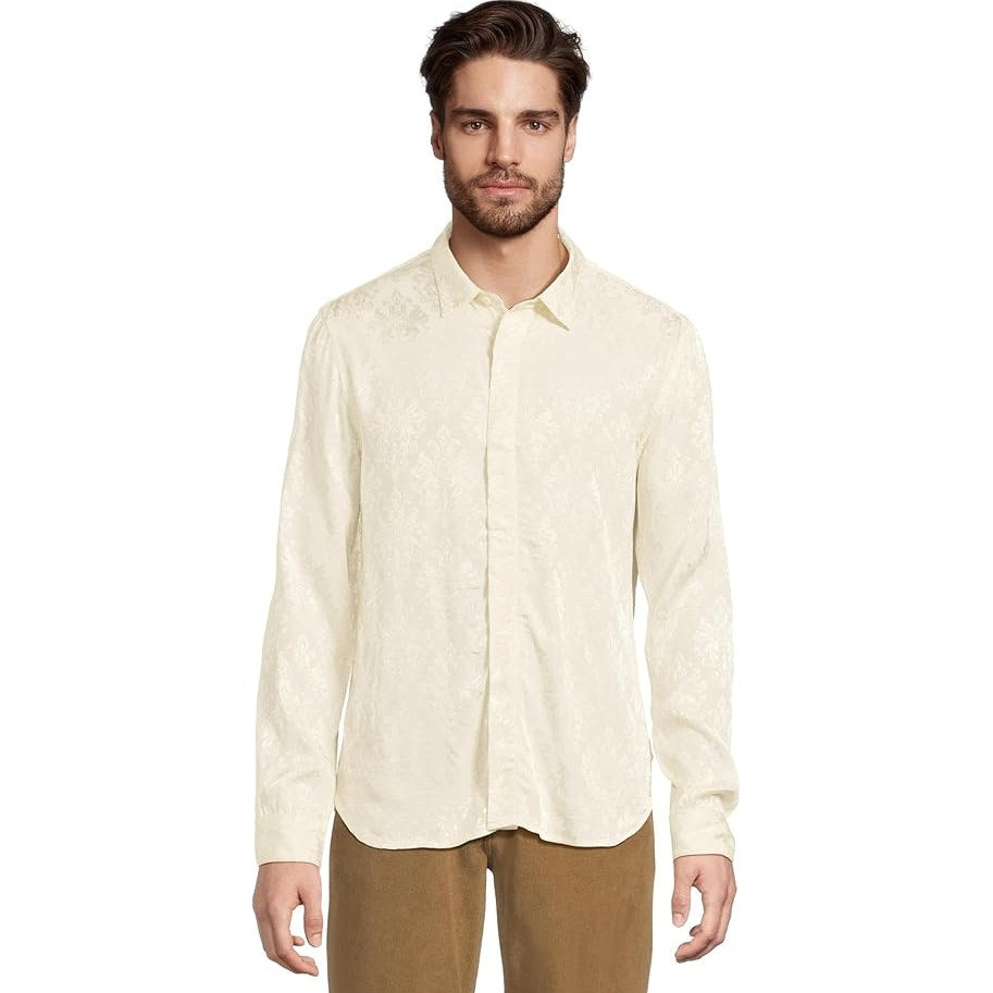 JOHN VARVATOS Men's Rodney Long Sleeve Shirt Medium Cream Damask Jacquard NWT