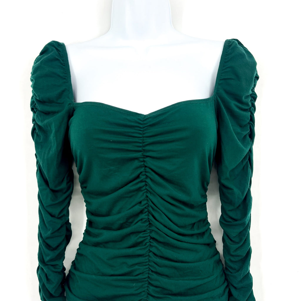REFORMATION Women's Esra Queen Ann Neck Ruched Blouse Small Emerald Green EUC