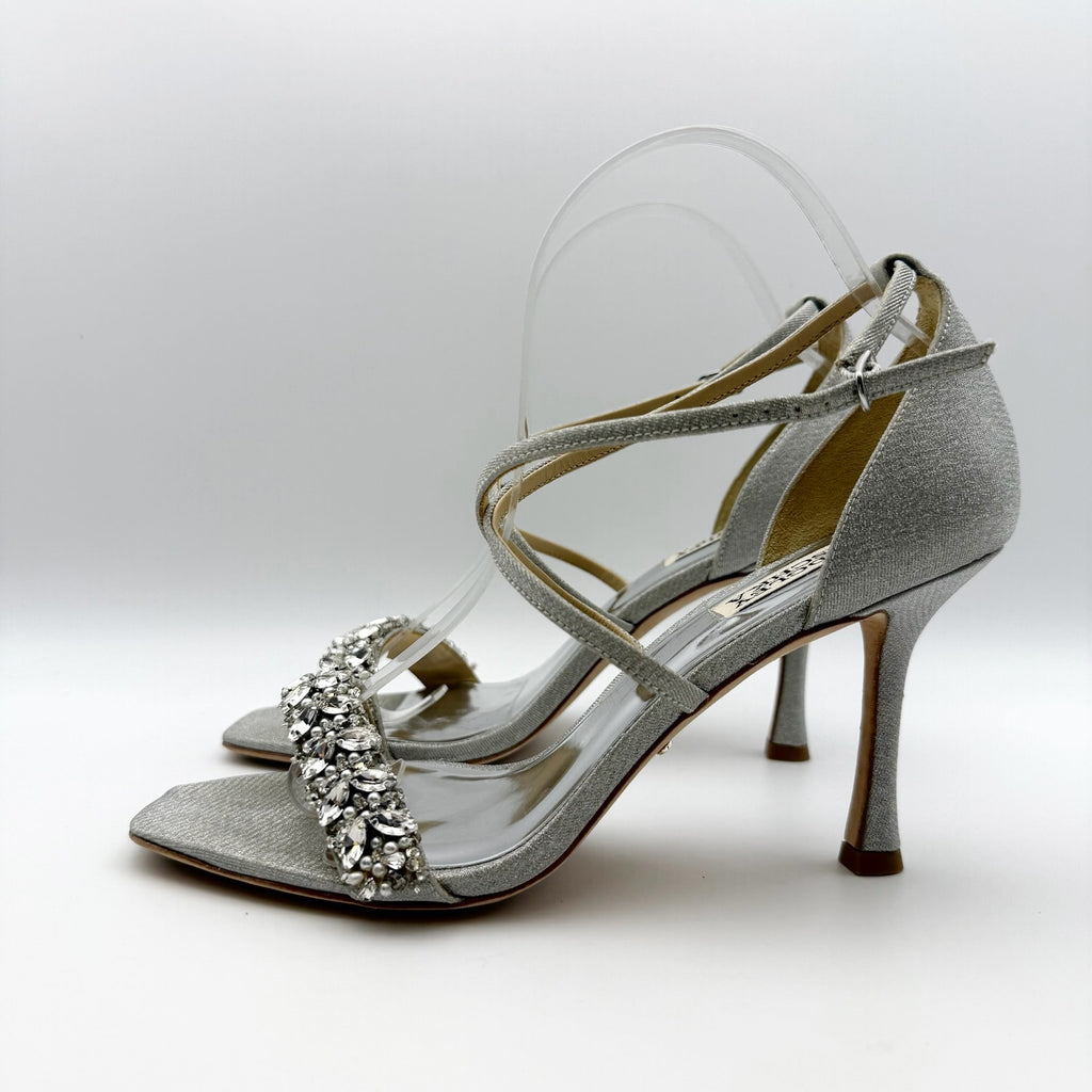 Badgley Mischka Womens Nala Glitter Strappy Heels US 8 Silver Satin NWOB