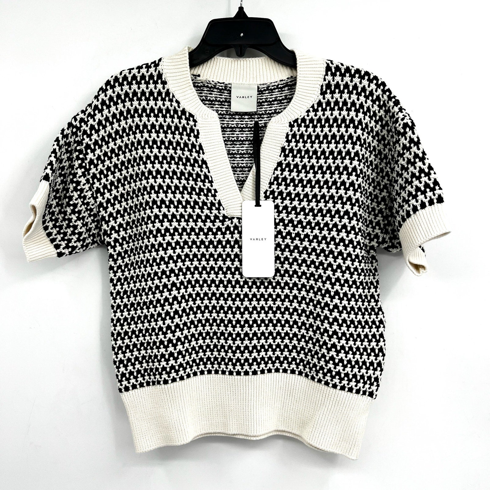 VARLEY Women's Dora Knit Cotton Top Small Black White Drop Shoulder Textured NWT
