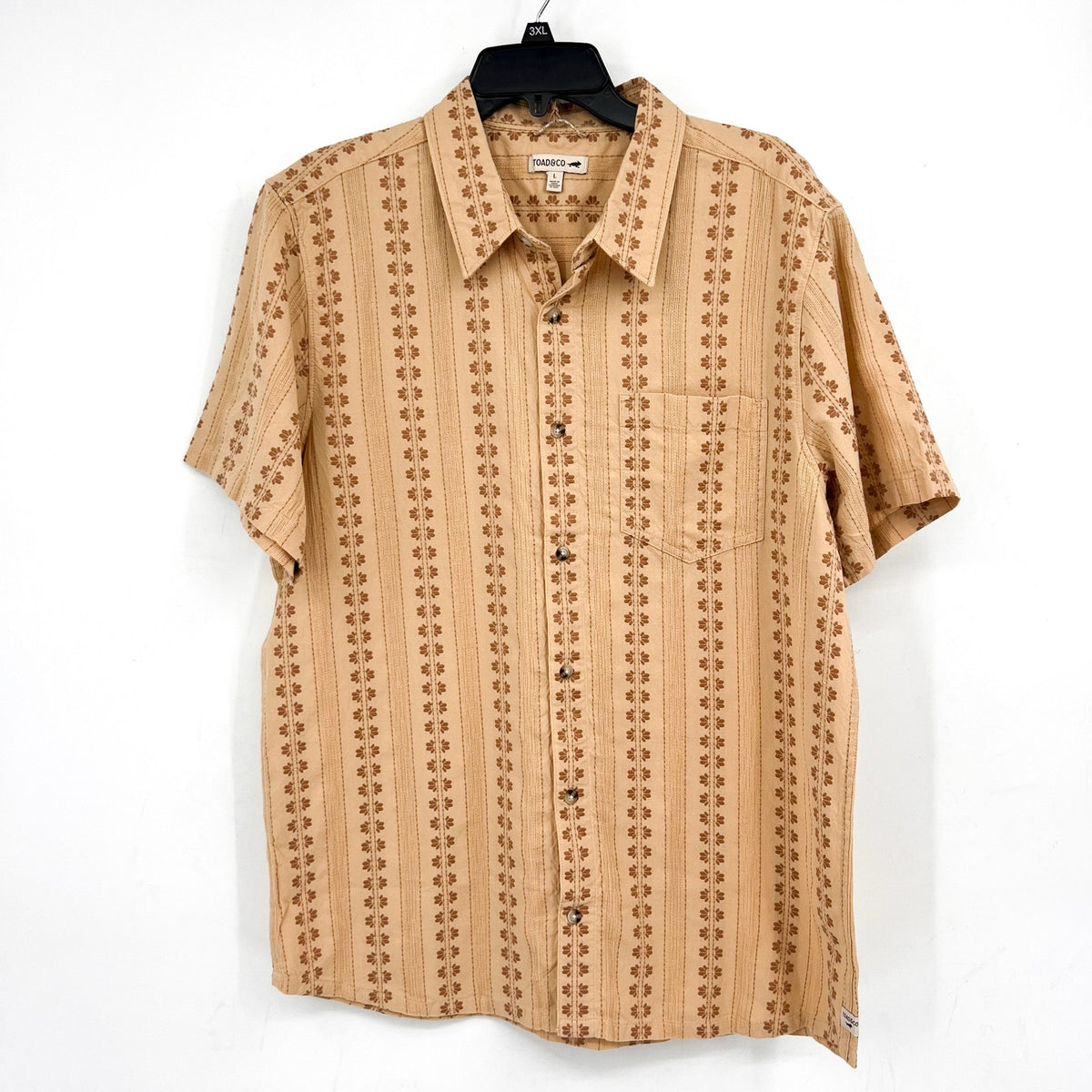 TOAD & CO Men's Treescape Short Sleeve Casual Shirt Large Tan Chai Geo Dobby NWT