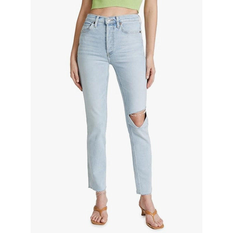 RE/DONE Womens 80s Slim Straight Jeans Size 26 US 2 Icy Blue Hole Button Fly NWT