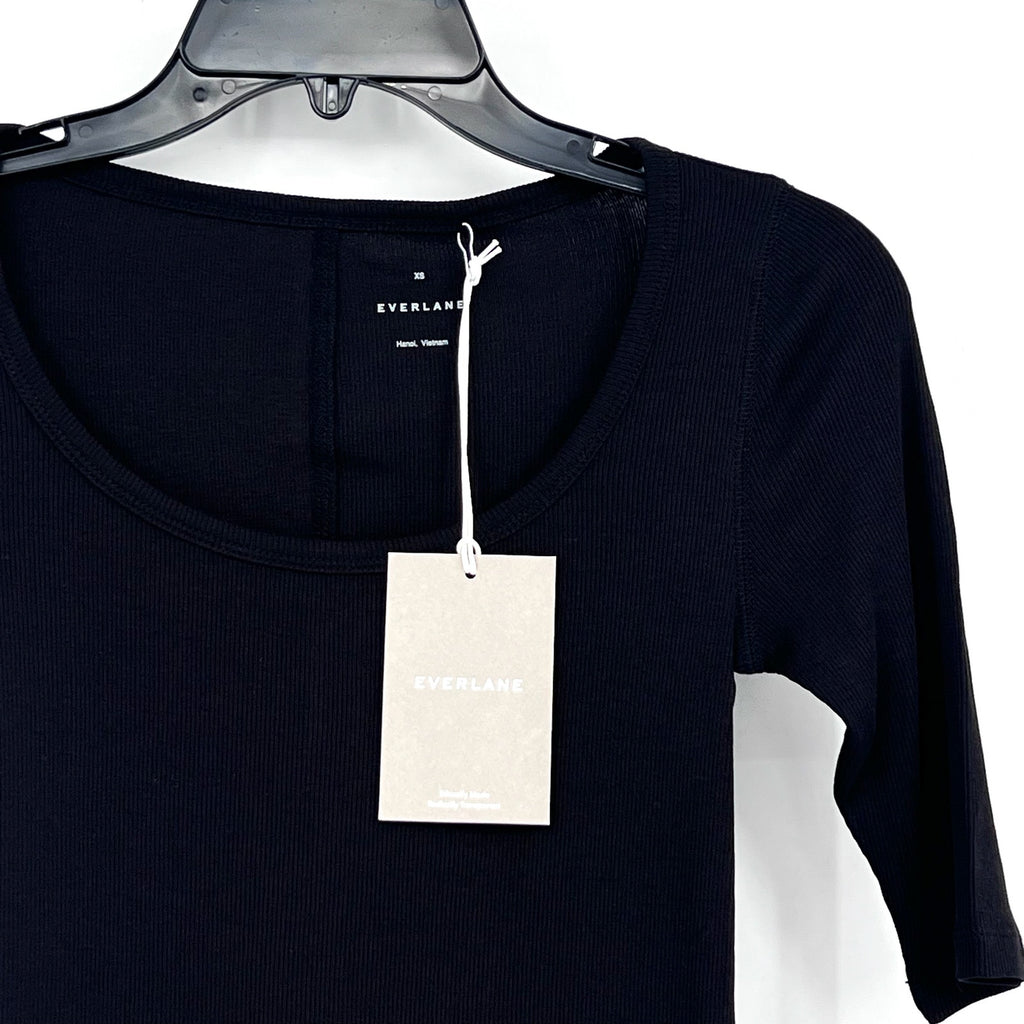 EVERLANE Women's The Luxe Rib Scoop-Neck Tee XS Black Elbow Sleeve SUPIMA NWT