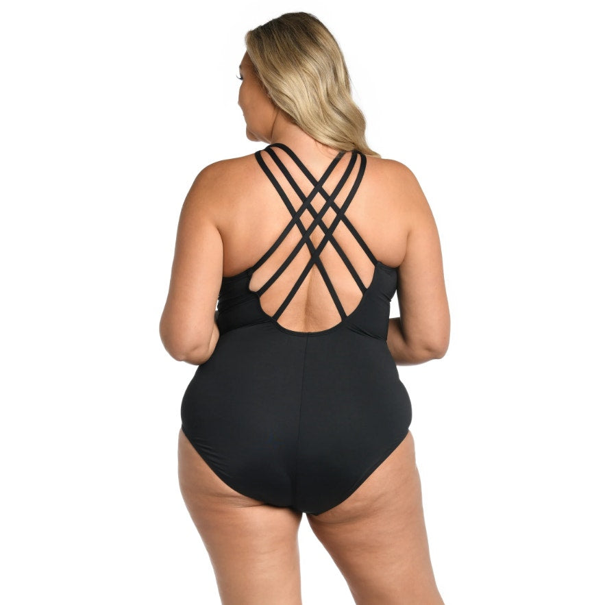 LA BLANCA Island Goddess One Piece Swimsuit 22W Black Multi-Strap Cross-Back
