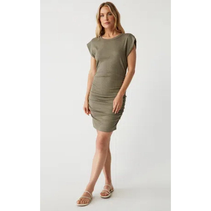 MICHAEL STARS Ricci Power Shoulder Dress Small Olive Green Short Sleeve NWT