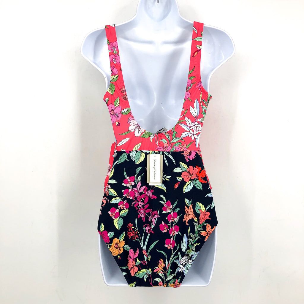 TOMMY BAHAMA Summer One-Piece Swimsuit Size 16 Pink Black Floral Wrap-Front NWT