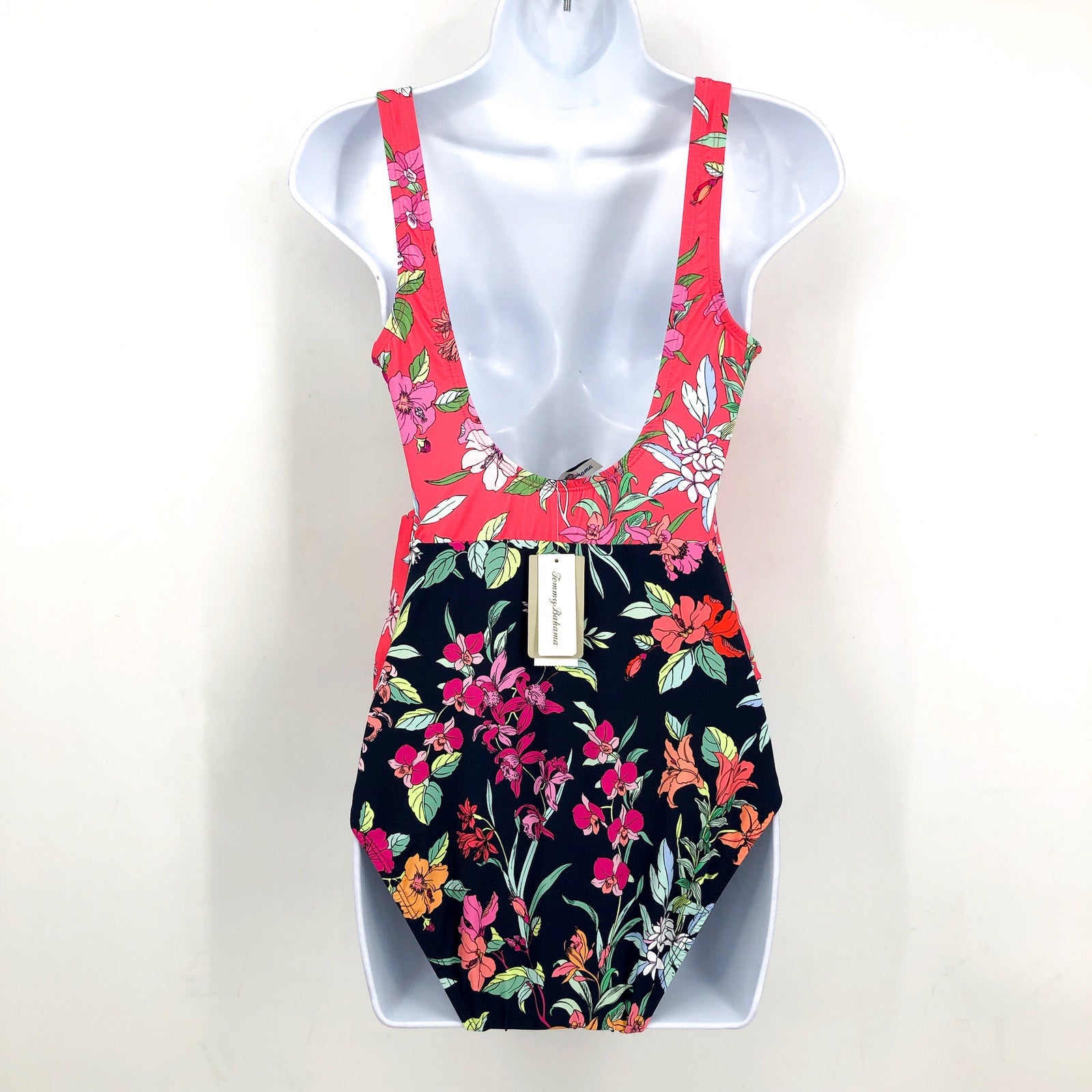 TOMMY BAHAMA Summer One-Piece Swimsuit Size 16 Pink Black Floral Wrap-Front NWT